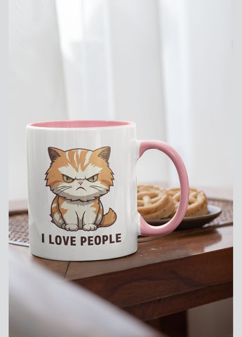 Чашка керамічна з принтом "I Love People" 330 мл, біла з рожевою ручкою No Brand (324263417)