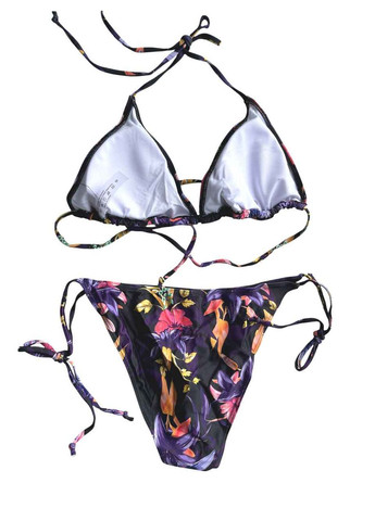 Черный демисезонный раздельный купальник черный с фиолетовыми цветами + туника халат. раздельный No Brand 7954