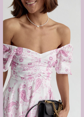Лавандовое повседневный летнее платье мини с драпировкой спереди 23128 Lurex с цветочным принтом