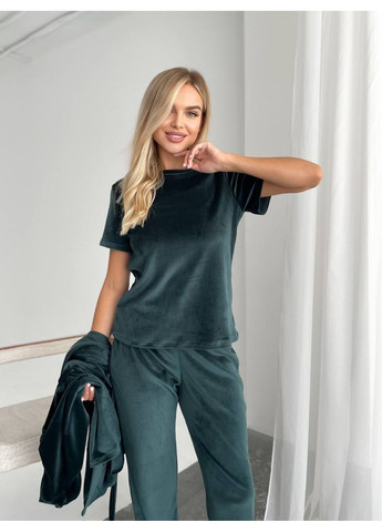 Смарагдова всесезон велюровий домашній комплект трійка Fashion