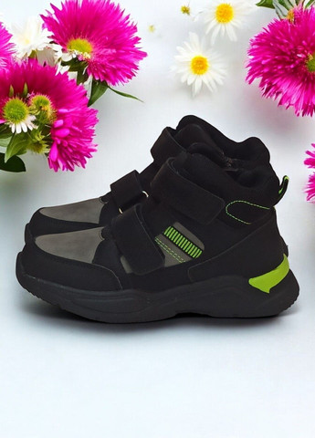Черные спортивные, повседневные осенние демисезонные ботинки на липучках утепленные для мальчика 515 черные с серым Clibee