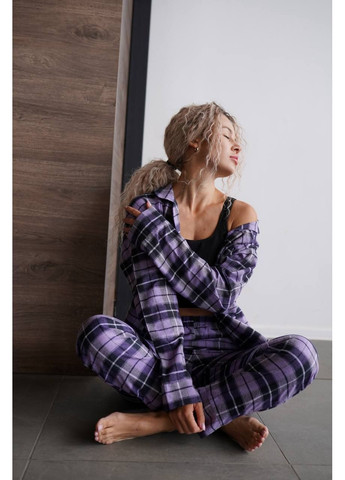 Сиреневая пижама 26007 хлопок турция,брюки и рубашка в клетку фланель,пижама унисекс Україна