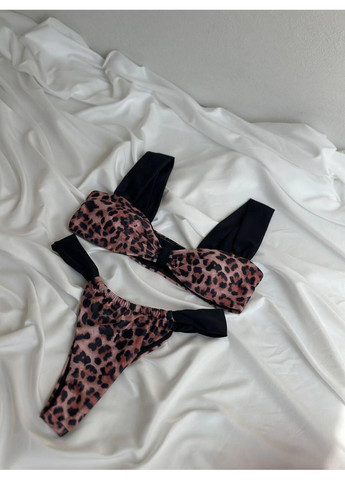 Комбинированный летний женский купальник леопардовый с черными бретелями / женский купальник розовый лео с высокими трусиками No Brand
