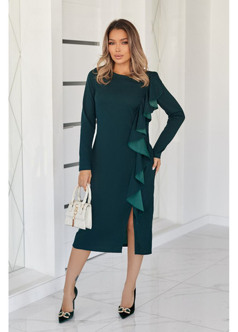 Темно-зелена приталена сукня міді з воланом Fashion Girl