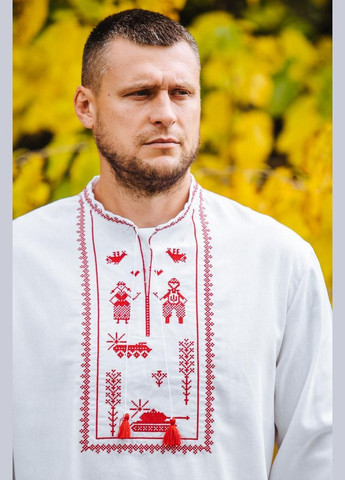 Біла чоловіча вишиванка з символікою зсу танками та військовими елементами червоний орнамент хрестиком, 5xl льон (301033757)