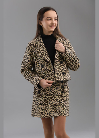 Коричневый демисезонный леопардовый костюм (пиджак, юбка) подростковый юбочный IRmAS