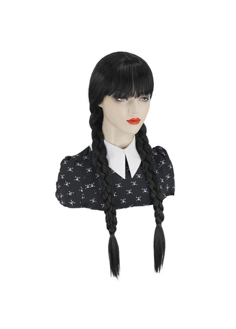 Парик черный длинный с челкой в стиле Венздей с косами, синтетические термостойкие волосы для косплея No Brand (366422016)