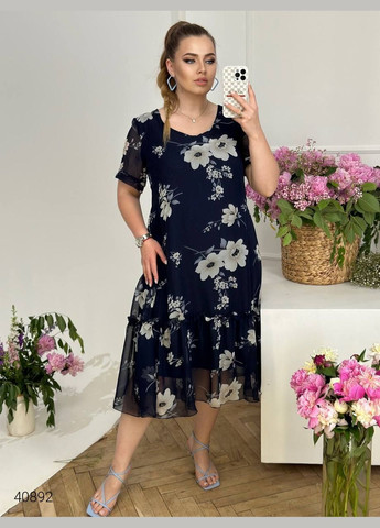 Темно-синее повседневный платье шифонофое больших размеров Liton с цветочным принтом