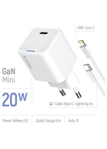 Зарядное устройство C101D GaN Mini 20W PD PPS USB-C + cable USB-C to Lightning white (CW-CHS059PDL-WT) Colorway C101D GaN Mini 20W PD PPS USB-C + cable USB-C to L (370018492)