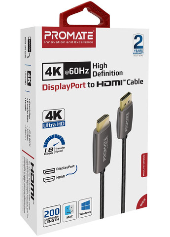 Кабель DisplayPort - HDMI V 2.0 (M/M), 2 м, Black (prolink-dp200.black) Promate (341489003)