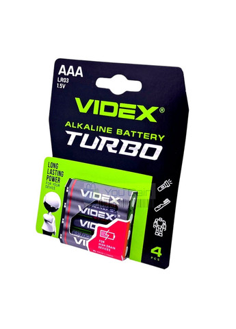 Батарейки щелочные для мощных устройств Alkaline LR03/AAA Turbo блистер 4 штуки Videx (361068135)
