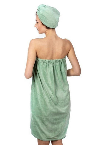 Unbranded комплект набор женский полотенце халат чалма для бани ванны сауны микрофибра 140х80 см (476435-prob) косичка салатовый однотонный салатовый производство -