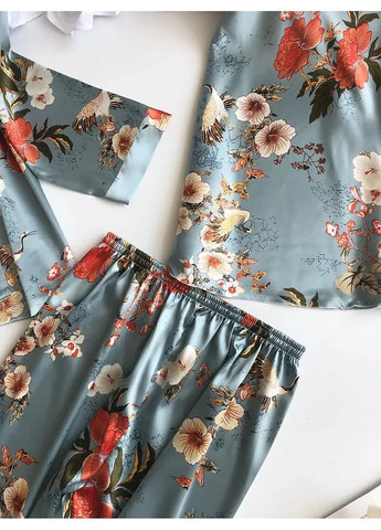 Атласний комплект із квітковим принтом для сну і дома. Халат із піжамою двійкою і штанами China (360862438)