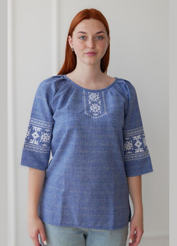 Світло-синя вишиванка жіноча 3/4 рукав льон-габардін джинс берегиня, роз.52 4PROFI (294207495)