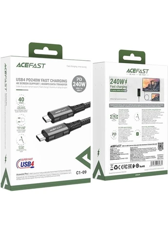 Дата-кабель -grey (6974316282631) Acefast USB-C to USB-C 1.0m USB 4.0 240W audio/video black (388709481)