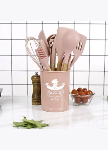 Набор кухонных принадлежностей из силикона и дерева с подставкой Kitchen Set 12 предметов Розовый (HA-50) No Brand (334011307)