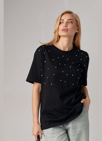 Черная летняя женская футболка с цветными термостразами Lurex