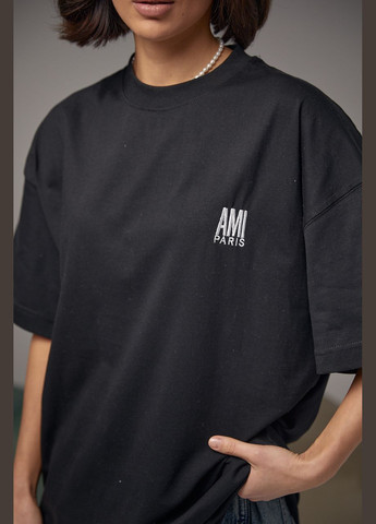 Чорна літня бавовняна футболка з вишитим написом ami paris 3228 з коротким рукавом Lurex