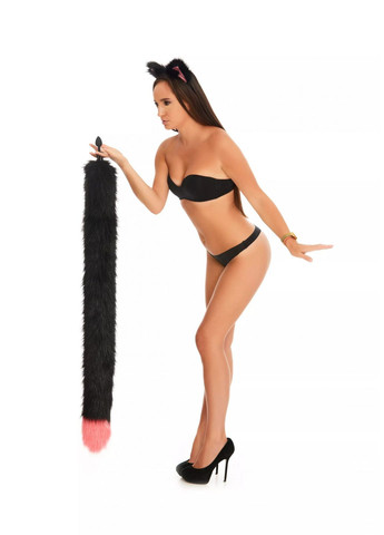 Анальный меховой хвост без пробки, Черный с ярко-розовым кончиком, 100 см. OKOVA (315149121)