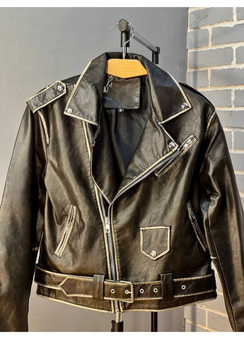 Чорна демісезонна куртка жіноча 2456 косуха блискавки пояс варені шви екошкіра AFTF BASIC