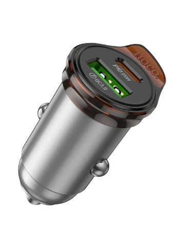 Автомобильное зарядное устройство Rigorous 43W dual port PD25W+QC3.0 car charger Metal Grey (6942007644747) Hoco NZ16A (381197130)