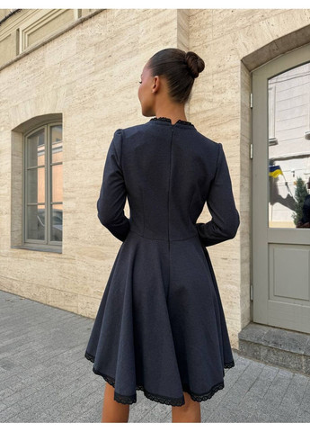 Темно-синее кэжуал женское платье с расклешенной юбкой с пышной юбкой Україна однотонное