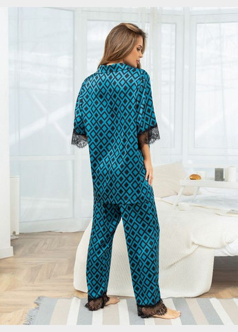 Комбинированная всесезон шелковая принтованная пижама с кружевом ISSA PLUS
