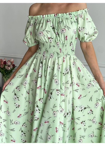Фісташкова святковий, повсякденний, вечірня, пляжна, кежуал жіноча довга сукня з відкритими плечима Vakko з квітковим принтом