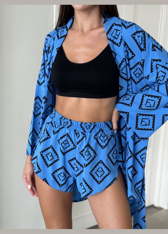 Повседневный лёгкий принтованный костюм двойка(шорты+кимоно),синий костюм с украинской символикой No Brand 602-2 (298796746)