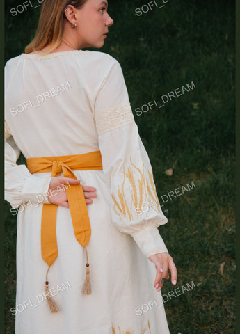 Молочное женское вышитое платье "колосья" с акцентным поясом ESQ