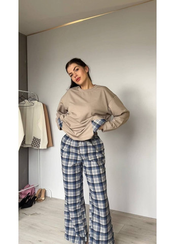 Женский домашний костюм в клетку из хлопка синего цвета 35958 No Brand (368969344)