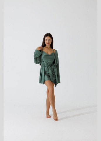 Оливкова (хакі) шовкова піжама халат + сорочка Shine