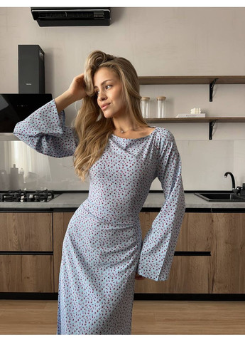 Голубое голубое платье-макси с длинным рукавом и в цветочном принте No Brand с цветочным принтом