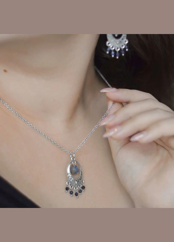 Комплект Ажурні натуральний камінь Сапфір 7х3мм фур-ра колір сталь No Brand Кулон+Сережки (323654089)