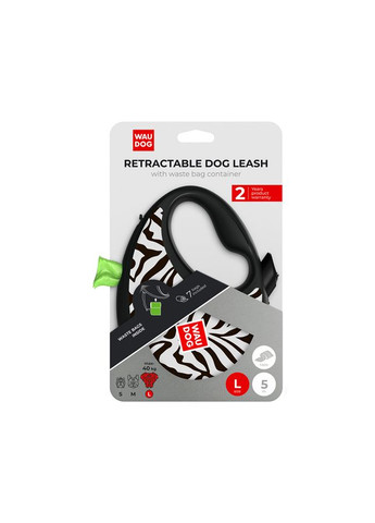 Поводок-рулетка для собак R-leash с контейнером для пакетов, рисунок "Зебра", светоотражающая лента, L, до 40кг, 5м WAUDOG (364748724)