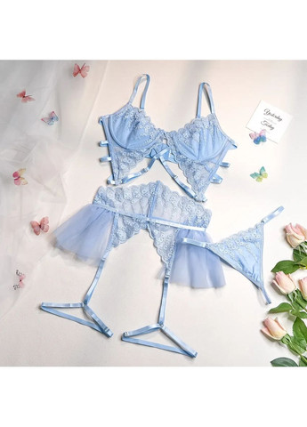 Голубой демисезонный кружевный голубой комплект с поясом. сексуальный кружевной комплект белья с поясом для чулок лиф на голубой косточках No Brand