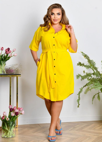 Желтое повседневный платье-рубашка на пуговицах с поясом рубашка No Brand однотонное
