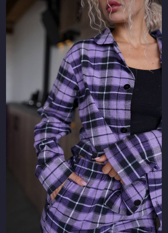 Фиолетовая всесезон фланелевая пижама в клетку рубашка + брюки No Brand