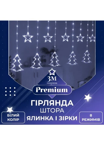 Гірлянда-штора Зірки та ялинки розмір 3*0,9 м 10 фігур, білий GarlandoPro 1733071W No Brand (363869863)