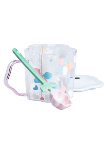 Чашка скляна 500 мл з ложкою та кришкою Блакитний HP7213BL Happy Life (370974390)