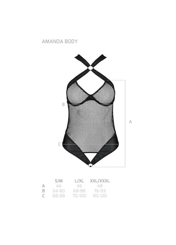 Сітчасте напівпрозоре боді — Amanda Body Black, з халтером, шкіряними вставками та відкритою промежиною Passion (334305557)