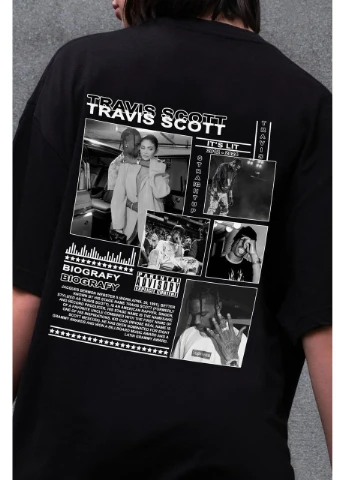 Женская Оверсайз Футболка Черная С Принтом Travis Without Seli No Brand - (395644233)