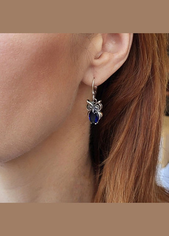 Срібні сережки з підвіскою Сова із Бузковими каменями срібло 925 проби Чорнене 2474 5.74г No Brand (315359656)