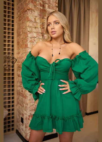 Зеленое повседневный, коктейльное, вечернее платье клеш, с открытыми плечами Garna однотонное