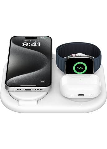 Зарядний пристрій бездротовий 3в1 Magnetic Foldable iPhone/Watch/AirPods, Qi2 15Вт, білий Belkin (315434671)