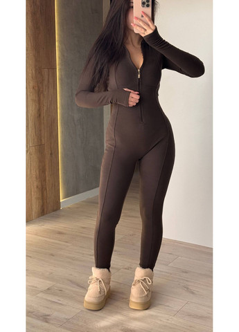 Жіночий комбінезон термо No Brand комбінезон-брюки однотонний коричневий спортивний, повсякденний, домашній, кежуал трикотаж з начосом
