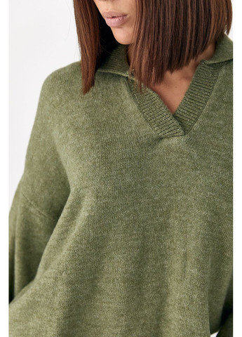 Оливковий (хакі) демісезонний в'язаний однотонний светр-поло No Brand