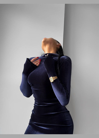 Синее приталенное длинное платье из бархата,синего цвета, с длинным рукавом – элегантное для праздников и торжественных мероприятий No Brand однотонное