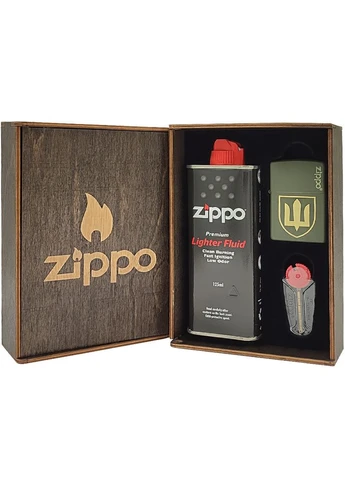 Комплект Запальничка 221 ZLTR Тризуб + Подарункова упаковка + Бензин + Кремні Zippo (319663200)