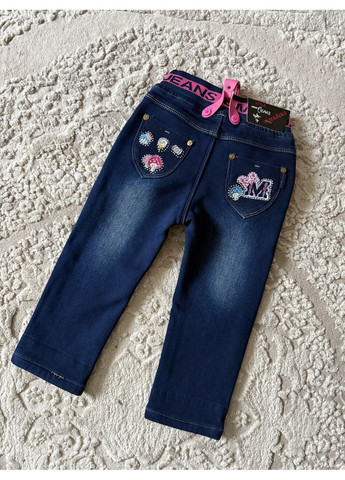 Синие зимние зимние детские джинсы на резинке для девочки с подтяжками 92 104 флис No Brand